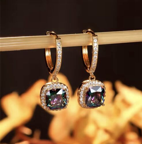 9CT Gold GF Mystic Opal Fire Rainbow Crystal Lever Back Earrings FREE BOX (1054) - Picture 7 of 9
