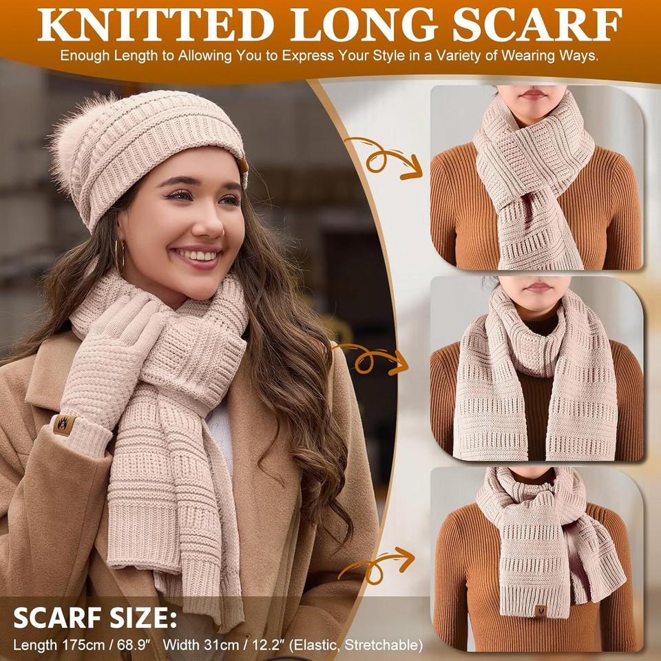 Womens Winter Beanie Hat Scarf Gloves Set Fleece Hat Long Scarf Neck