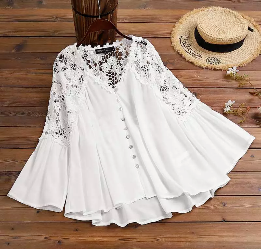 White Boho Crochet Lace Bell Sleeve Romantic Babydoll Top Blouse