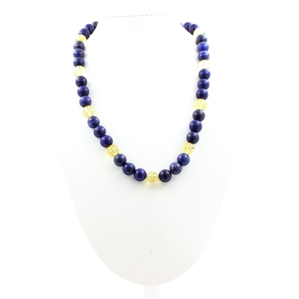 Steine Und MinéRaux. Halskette Perlen Lapislazuli + Citrin 8 Mm Kette Stahl-image