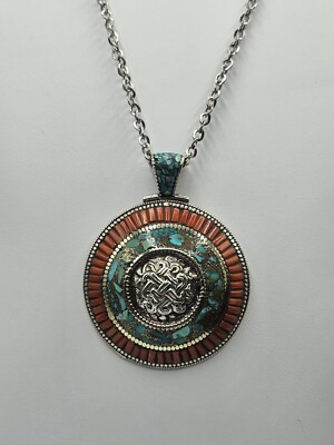Antique & Rare Tibetian Silver,Turquoise,Coral Inlaid Nepal Pendant Necklace