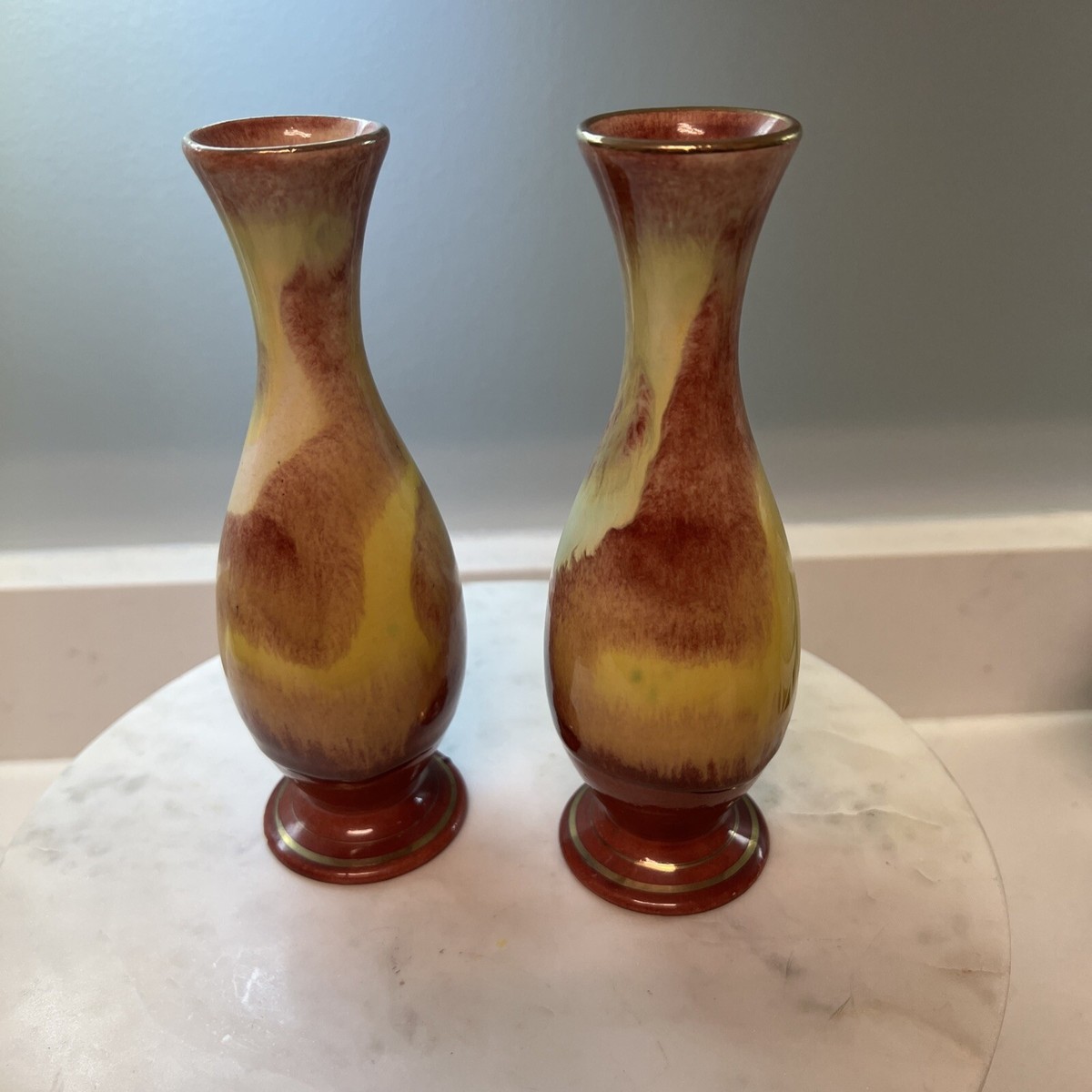 VTG PAIR West Germany Bay Keramik Vases MCM 7” Rust Yellow Glazes