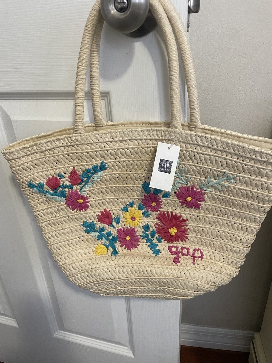 Gap Kids Paper Straw Bucket Beach Tote Bag Handbag Embroidered NWT