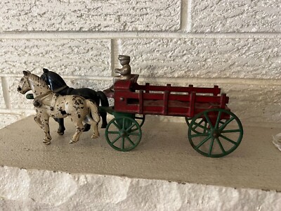 Antique Scarce Kilgore 2-piece Cast Iron Horse Drawn Stake Wagon with driver