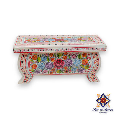 Mexican White Lacquered Wooden Chest  with Flowers
