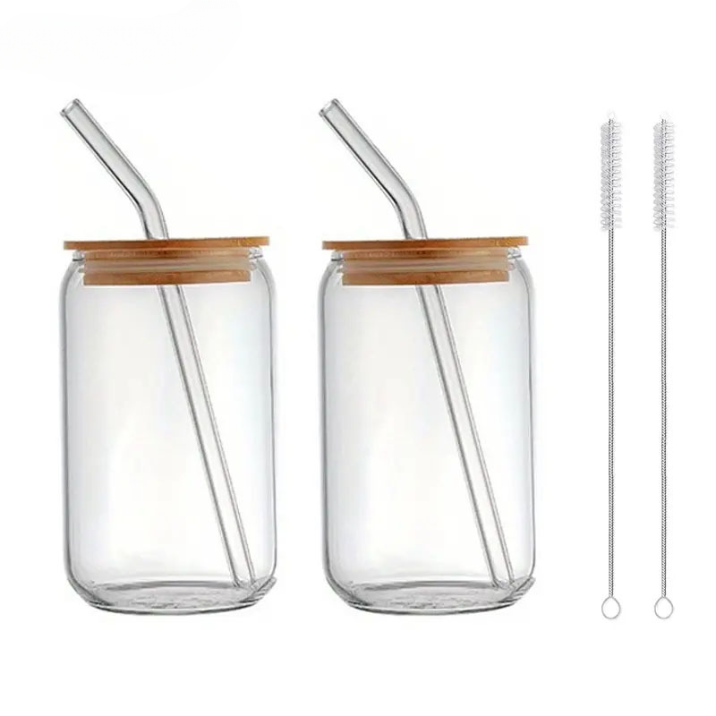 Glass Cup With Lid and Straw Transparent Bubble Tea Cup Glass Beer Can
