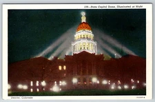 c1940s State Capitol Dome Illuminated Night Denver Colorado Postcard Linen