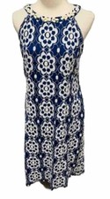 Nine West Blue & White Medallion Lace Sleeveless Dress w Beaded Neckline 14