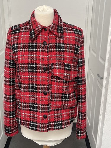 Zara strukturierte rote karierte Jacke Damen Tweed Blazer Größe S neu mit Etikett - Bild 1 von 16