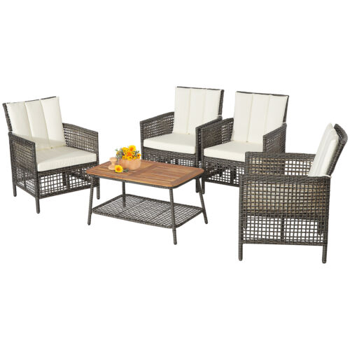 Patiojoy 5PCS Patio Rattan Furniture Set Cushioned Sofa Armrest Wooden Tabletop