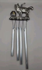 Cat With Fishbowl Hanging Wind Chime Silver Tone Metal Kitty Decoration Pewter