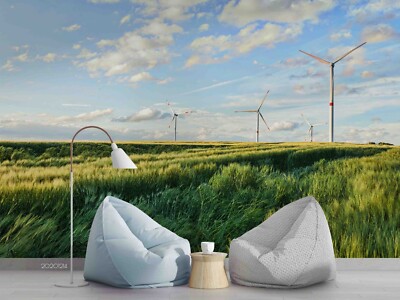 3D Pastures Windmills Sky Landscape Self-adhesive Removable Wallpaper Murals