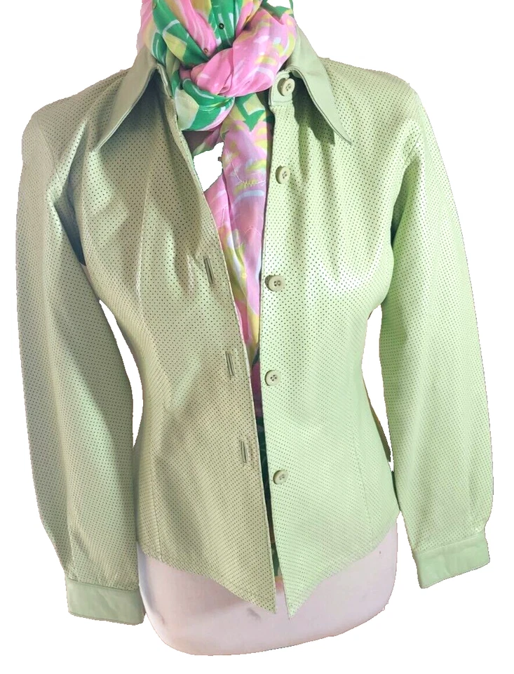 Nicola Berti Sz S Chartreuse Green Perforated Italian Leather Shirt Jacket - Image 2 of 4
