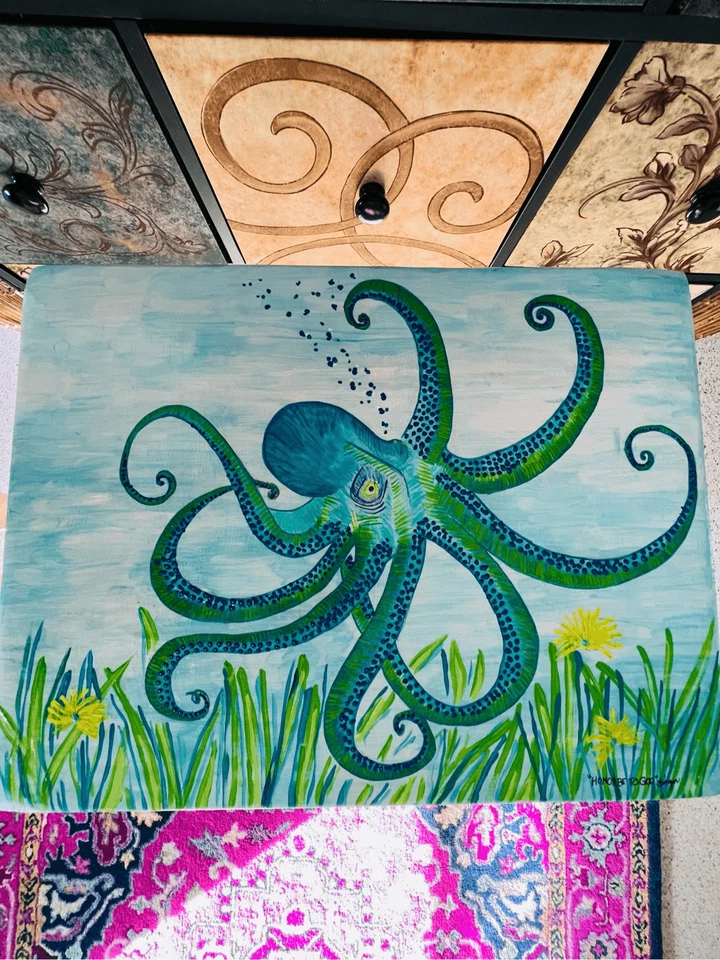 Octopus Tray Table Hand Painted Coastal Vintage Rare Wood Original-L19” W14” - Image 4 of 4
