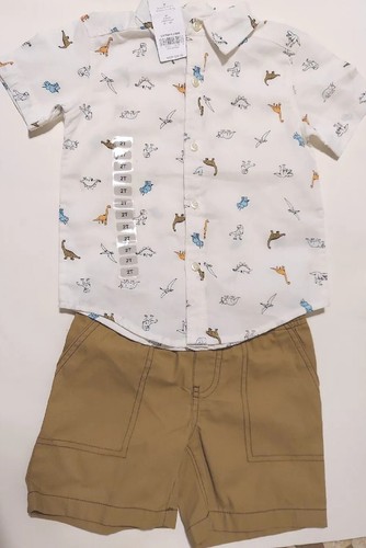 Nwts $30 Carter's Boy Size 2T White Dinosaur Button Top & Tan Short Set - Picture 2 of 9
