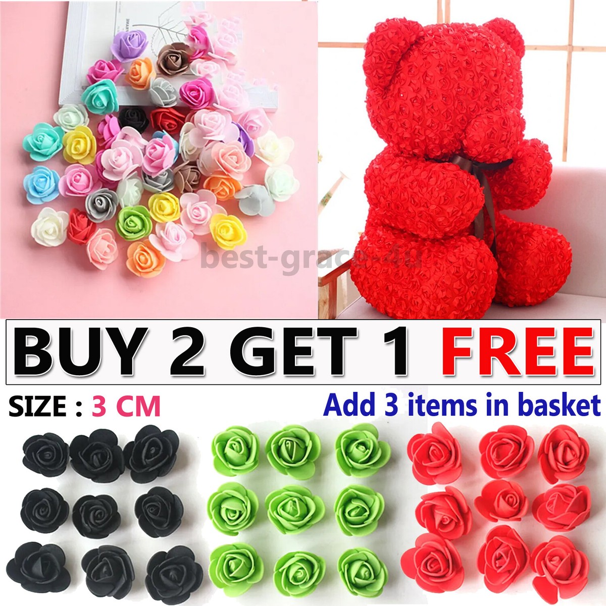 500PCS Foam Roses 3cm Artificial Foam Flower Heads DIY Rose Bear Decor Gift  UK