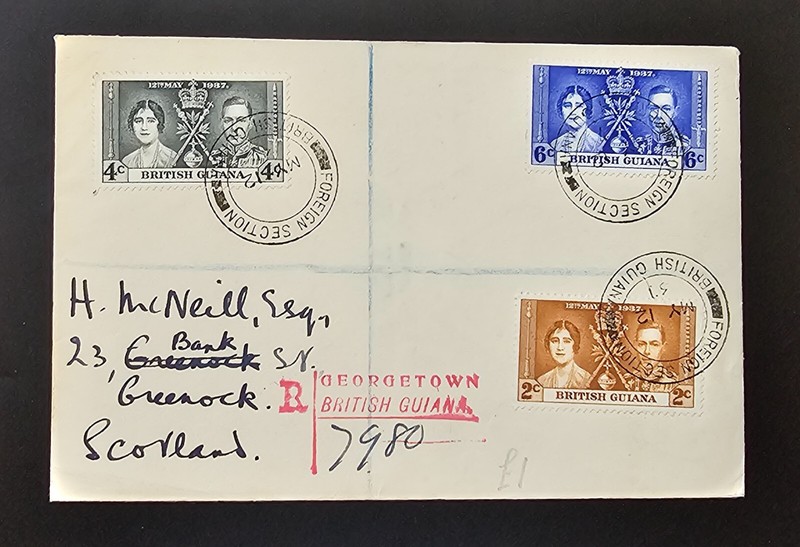 BRITISH GUIANA COVER 1937 KGVI Coronation Set FDC FOREIGN SECTION REGISTER #7980