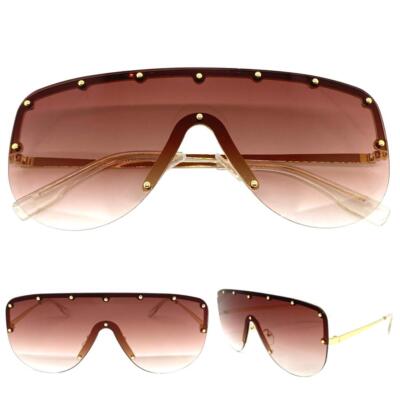 Oversized Classy Elegant Retro Shield SUNGLASSES Large Big Gold Frame Rose Lens