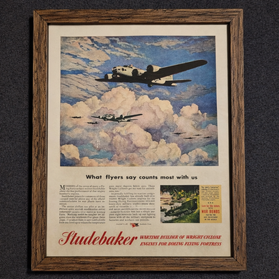 #ad FRAMED 1945 Studebaker Boeing Flying Fortress WWII Wright Cyclone Engine War Ad $29.99
