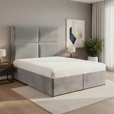 Squares Plush Velvet Upholstered Ottoman Storage Divan Bed with Padded Headboard