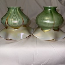 Pair of Signed Steuben Green Pulled Feather Glass Lamp Shades.