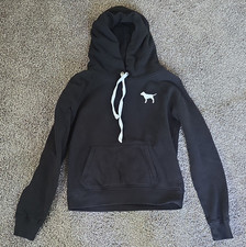 PINK Women s Pullover Hoodie S Black Long Sleeve Fleece Solid Logo Pockets