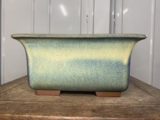 Antigua pátina vintage japonesa bonsai sombrero verde esmaltado rectangular 9,2"