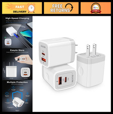 3-Pack Dual Port USB-C Wall Charger, 20W Power Delivery  QC3.0 Fast Charging Bl
