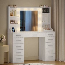White Dressing Table Vanity with Lighted Mirror, 11 Drawers & 4 Shelves
