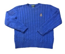 VTG 90 Ralph Lauren Women's Blue Cotton Cable Knit Crested Sweater Size Medium