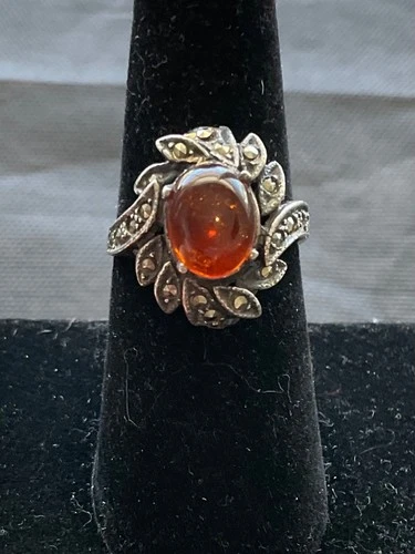 Vintage 925 sterling silver amber cabochon marcasite ring size 7