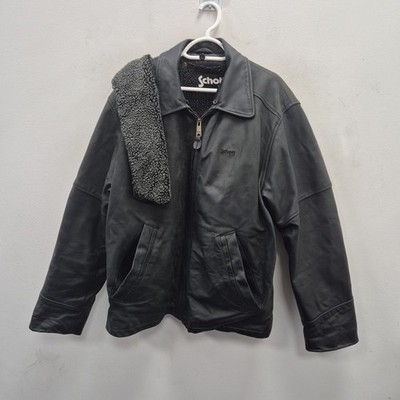 Schott NYC Vintage Black Leather Fur Collar Lined Heavy Bomber Jacket Coat Large