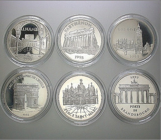 FRANKREICH 6 x 100 FRANCS/15 ECU 1993 1995 BEDEUTENDE BAUWERKE 900er SILBER PP
