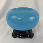 Vintage Fenton Pekin Blue Cased Glass Rose Bowl with Black Display Stand