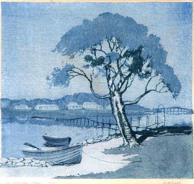 A Waterside Village by Archibald Bertram Webb   1920s Coastal Etching Art Print