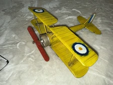 Vintage Classic Metal Model Yellow Bi-Plane Approx 13 Inch Red Propeller