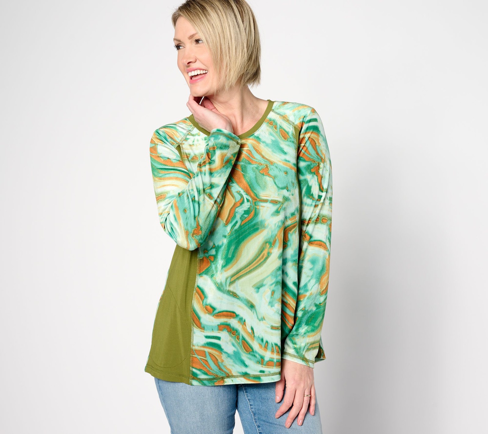 LOGO by Lori Goldstein Women's Top Sz L Printed Velour Scoop Tan/Beige A631310