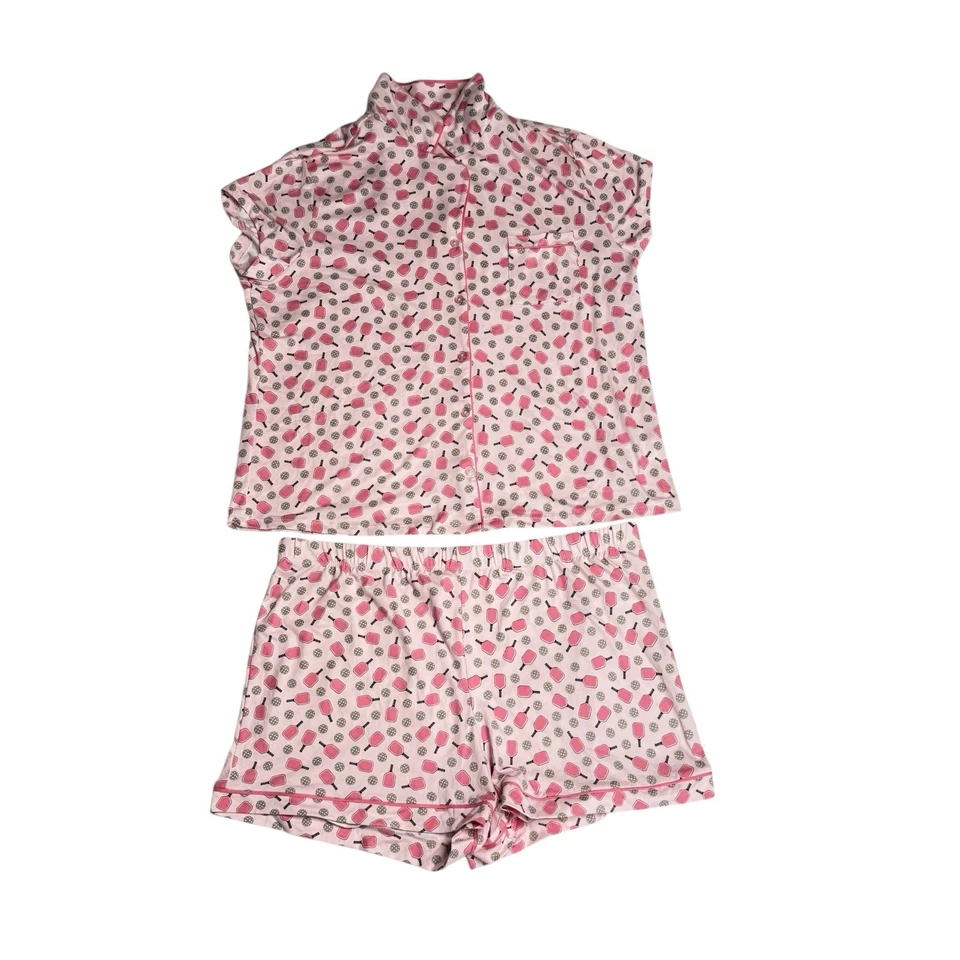 Isaac Mizrahi Rosa Pickle Ball 2 Piezas Pantalones Cortos Manga Corta Top Conjunto de Pijama Cómodo Foto 2 de 4