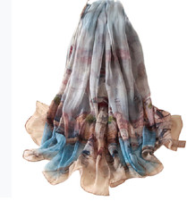 100 Silk large Scarf Women neckerchief Shawl Wrap floral beige blue brown MY145