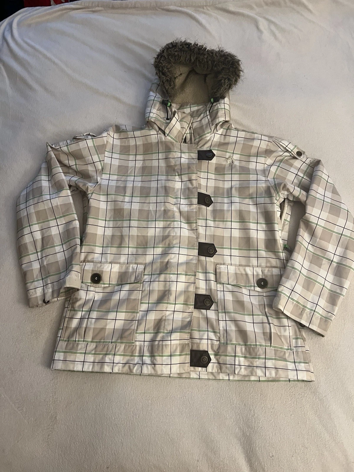 Sessions Jacket Womens Large Plaid Snowboard Waterproof Faux Fur Hood Ski Snow