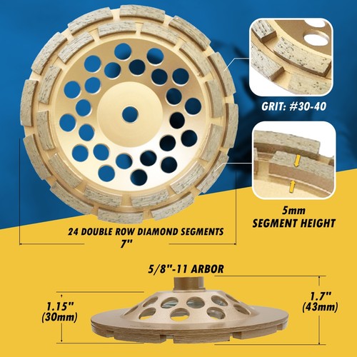 7" Concrete Grinding Cup Wheels 24 Diamond Abrasive Seg 5/8"-11 Arbor Double Row - Picture 3 of 8