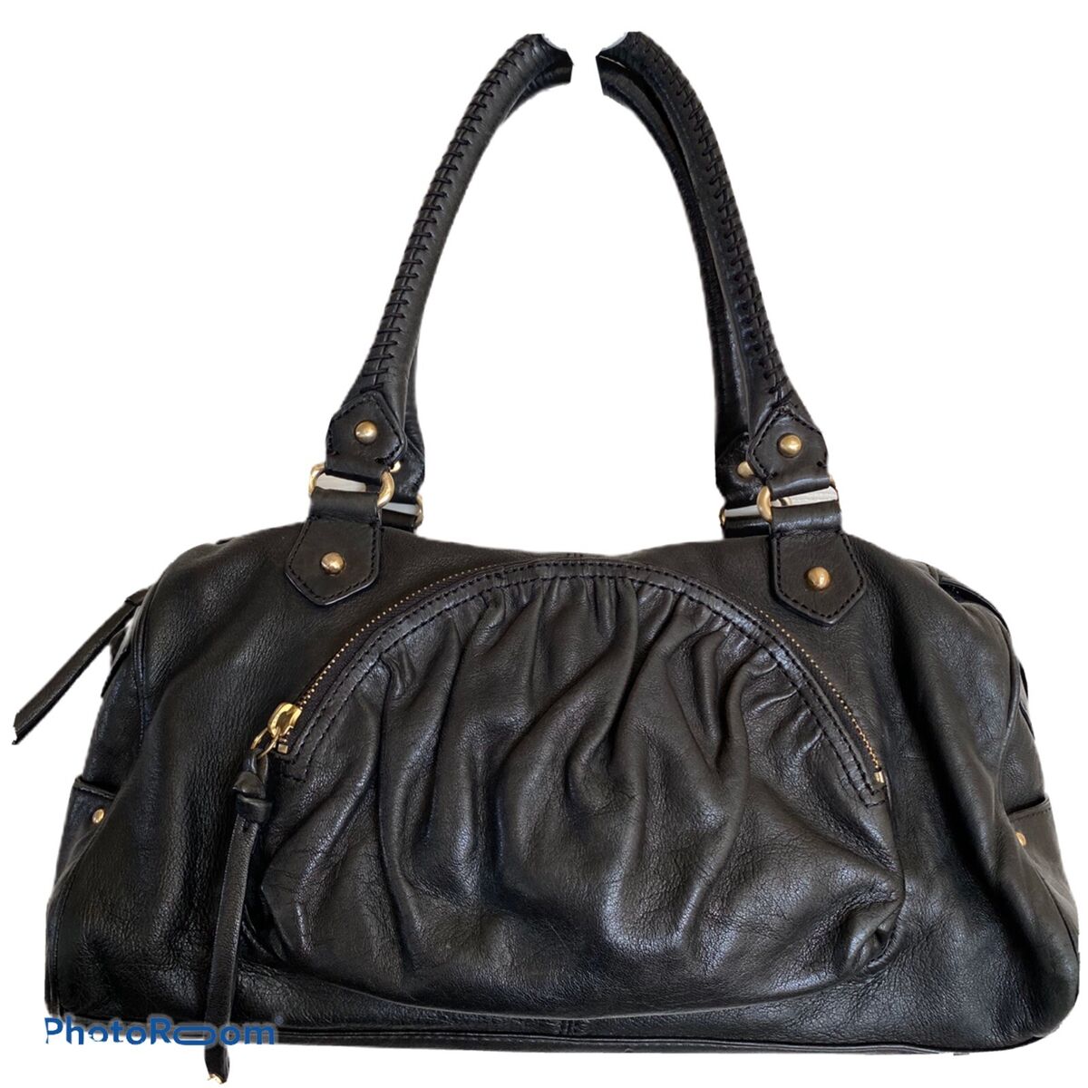 Botkier Black Leather Shoulder Bag Purse Large Satchel Zippers Gold Tone