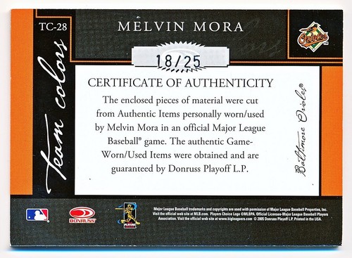 2005 Donruss Classics Melvin Mora Team Colors Jersey Bat Auto #TC-28 (18/25) - 第 2/2 張圖片