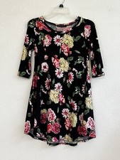 Black Dark Romantic Floral Print A Line Stretch Dress 3/4 Sleeves Pockets Size S