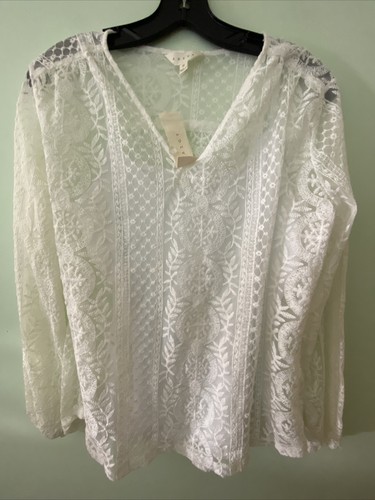 Adiva white boho lace Long sleeve Blouse, shirt Built in Tank split Neck M new