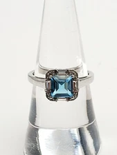 Sterling Silver 925 Asscher Cut Swiss Blue Topaz - CZ Halo Cocktail Band Ring 