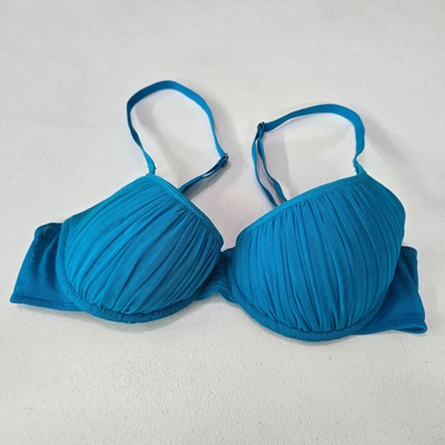 Savage x Fenty Women Bra 34C Blue Ruched Mesh Pleated Underwire Adjustable