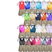 4pc Boy Baby Toddler Wedding Formal KHAKI Shorts Outfit  Choose Color Vest Set
