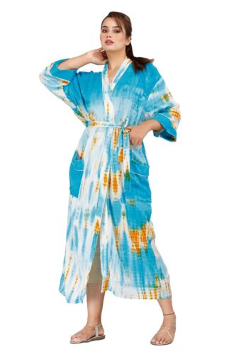 Womens Long Kimono Robes Cotton Tie Dye Bathrobe Printed Cover Up Sleepwear - Picture 29 of 42