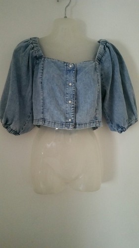 NEW LOOK Top Womens Size 12 Blue Denim Cropped Elasticated Back Buttons Summer - Picture 2 of 12